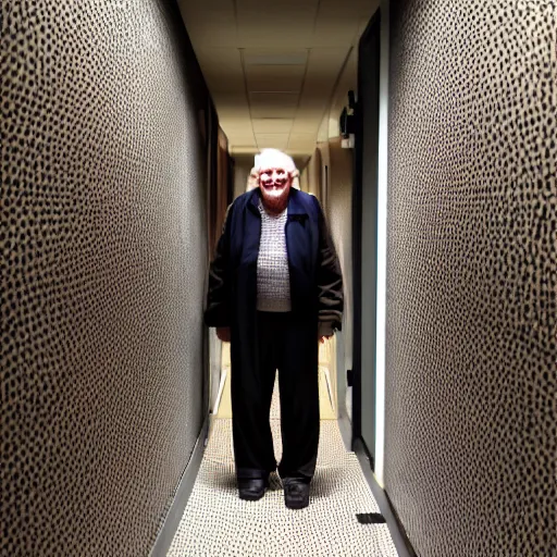 Image similar to an smiling old man camouflaged in a hallway