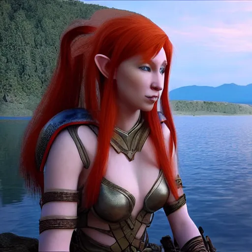 Prompt: beautiful female redhead elf warrior wearing armor, sitting next to a beautiful lake at dawn, enjoying the wind, looking at the water. 8k ultra realistic, award winning, unreal engine 5, masterpiece, atmosphere glow, hyperrealistic, focused, extreme details, cinematic