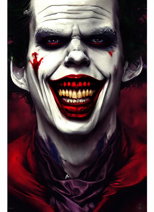 Image similar to bill skarsgard as the joker, intricate, art nouveau, art by ruan jia, greg rutkowski, takato yamamoto and artgerm