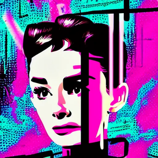 Prompt: audrey hepburn cyberpunked, synthwave poster, glitch art background,