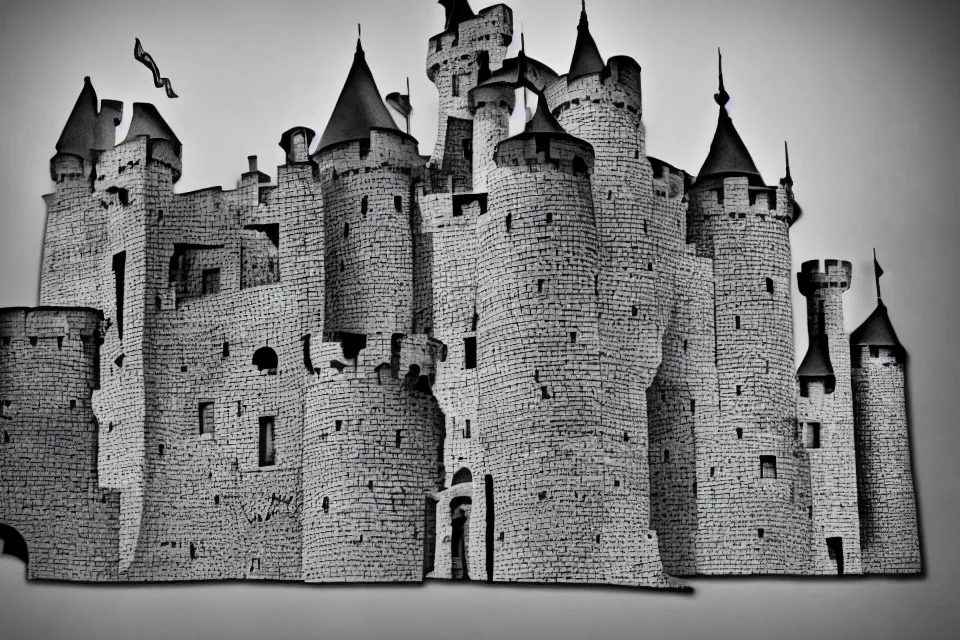 Image similar to a castle made out of letters, black and white photography