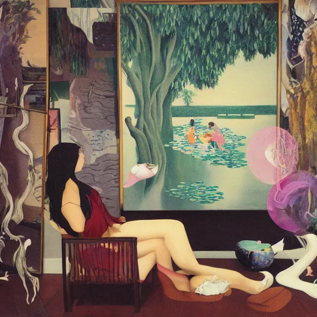 Image similar to female emo art student in her lounge room, painting of flood waters inside an artist's loungeroom, a river flooding indoors, pomegranates, pigs, ikebana, water, octopus, river, rapids, waterfall, black swans, canoe, berries, acrylic on canvas, surrealist, by magritte and monet