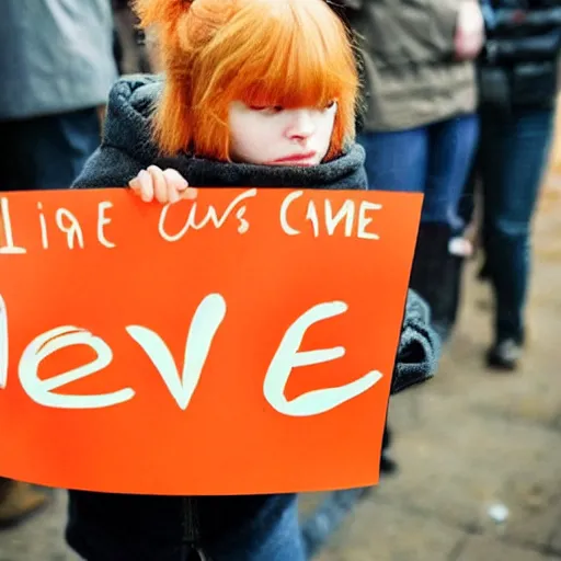 Image similar to cute orange tabby cat holds sign that says