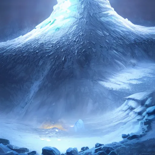 Image similar to digital painting of a frozen ice covered volcano, style of dark souls III, concept art, high angle, high detail, cold lighting, dark, vivid, beautiful, trending on artstation, by Jordan grimmer, no focus, huge scene, terrain visible