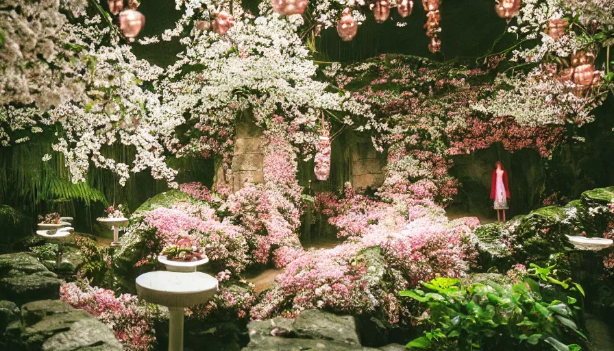 Image similar to a Petra Collins photo, 35mm film still of a very surreal magical European castle with a cafe in a lush waterfall garden, falling cherry blossoms pedals, in the style of Gucci and Wes Anderson glowing lights and floating lanterns, foggy atmosphere, rainy, moody, muted colors, magic details, very detailed, 8k, cinematic look