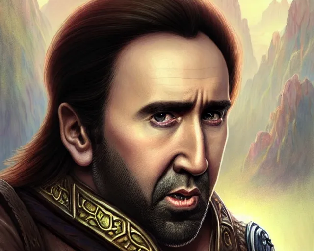 Image similar to if nicolas cage was a halfling from d & d, deep focus, d & d, fantasy, intricate, elegant, highly detailed, digital painting, artstation, concept art, matte, sharp focus, illustration, hearthstone, art by artgerm and greg rutkowski and alphonse mucha