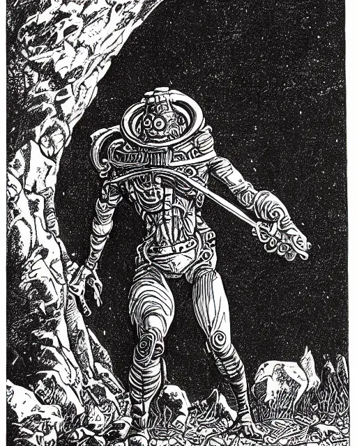 Image similar to a micronaut pharoid, full body, pen - and - ink illustration, etching, by russ nicholson, david a trampier, larry elmore, 1 9 8 1, hq scan, intricate details, monster manula, fiend folio