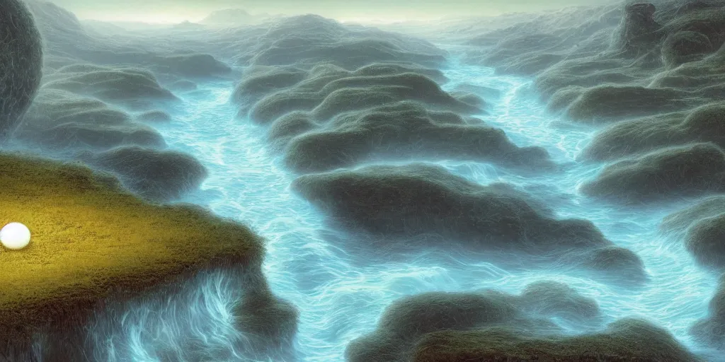 Prompt: digital illustration of the river tethys flowing through an alien landscape, art by Benoit B. Mandelbrot, Steven Belledin, Martin Johnson Heade, Lee Madgwick, and Caspar David Friedrich, a beautifully terraformed alien planet, wide angle, panoramic, fantasy, 8k resolution, deviantart, trending on Artstation, concept art, digital illustration, HDR, Octane, National Geographic Photo