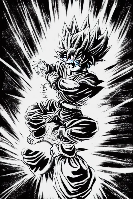 Prompt: pen-and-ink illustration of goku making a spirit bomb, high resolution, hd, 4k, by Franklin Booth