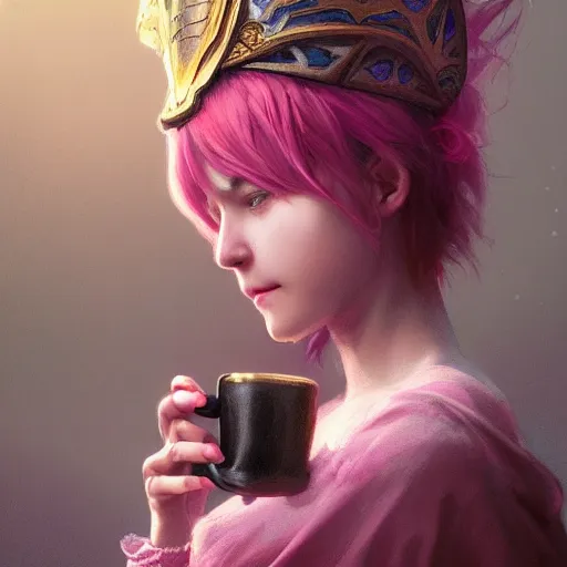 Prompt: a photorealistic dramatic fantasy render of a pink coloured haired young girl with a black cup on her head by wlop, artgerm, greg rutkowski, alphonse mucha, beautiful dynamic dramatic dark moody lighting, shadows, cinematic atmosphere, artstation, concept design art, octane render, 8 k