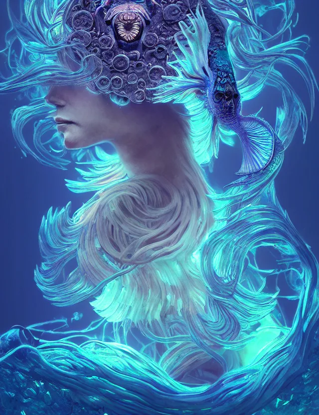 Image similar to goddess macro shouler portrait from bottom to top in crown made of ram skull. betta fish, jellyfish phoenix, bioluminiscent, plasma, ice, water, wind, creature, super intricate ornaments artwork by tooth wu and wlop and beeple and greg rutkowski and alexander fedosav