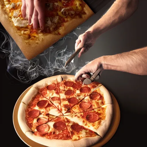 Image similar to a high detail shot of trump making a pizza, smoking, render, cgsociety, photorealism