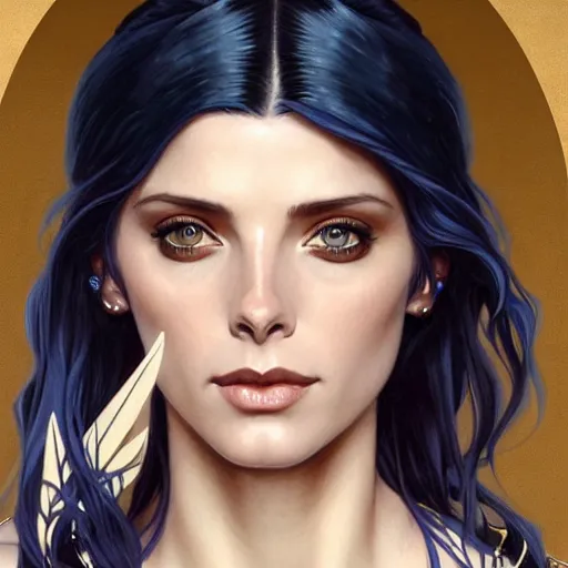 Image similar to Ashley Greene with dark blue hair as Joan of Arc, western, D&D, fantasy, intricate, elegant, highly detailed, digital painting, artstation, concept art, matte, sharp focus, illustration, art by Artgerm and Greg Rutkowski and Alphonse Mucha