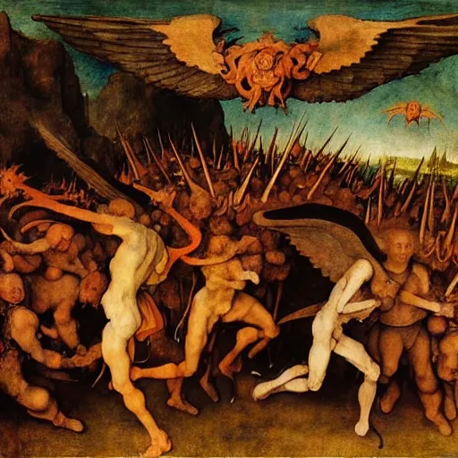 Image similar to vision of hell with winged demons flying over the flames, art by albrecht durer, art by hans memling, art by leonardo da vinci, art by francisco goya, art by pieter bruegel the elder, art by jan van eyck