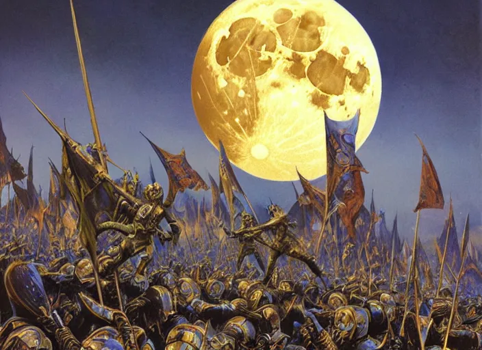 Prompt: beautiful as the moon, terrible as an army with banners. art by michael whalen and bruce pennington