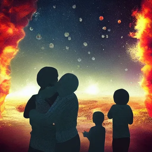 Image similar to “A family hugging each other for the last time as the world is ending, meteors are falling from the sky, everything is on fire, dramatic lighting, digital art, very very very very very very beautiful, 8K, dark lighting, trending on Artstation, award winning”