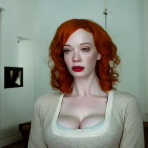 Image similar to amazing beautiful Christina Hendricks with mouth wide open in the living room, film still from the movie directed by Denis Villeneuve , wide lens