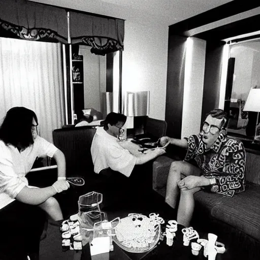 Image similar to a lavish las vegas hotel suite where sad geeks with computers are having a party with drinks, 1990s photograph