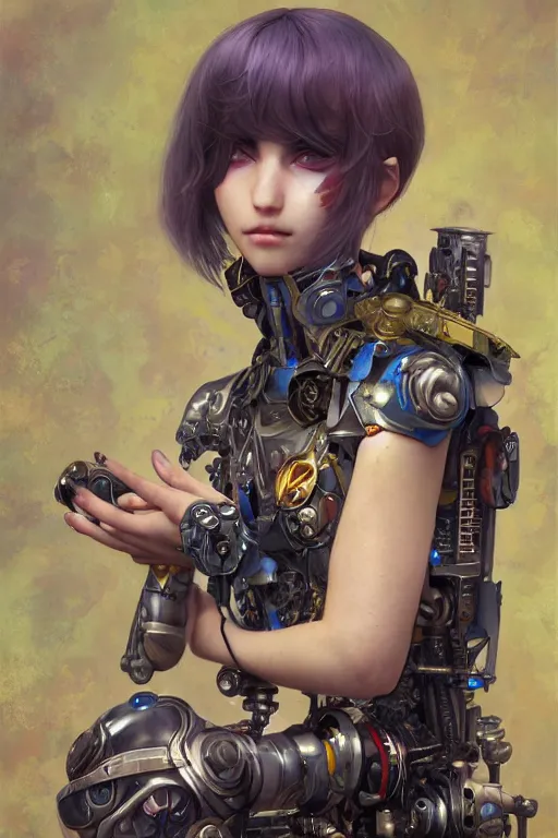 Prompt: portrait of beautiful young fairy cyborg, cyberpunk, Warhammer, highly detailed, artstation, illustration, art by Gustav Klimt and Range Murata and Ilya Kuvshinov and Sakimichan