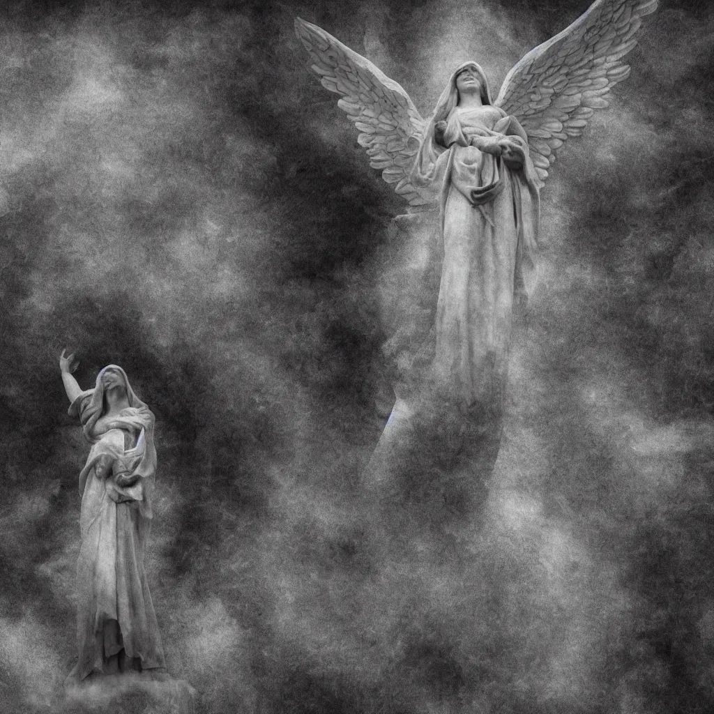 Prompt: i wait upon you in heaven, the angels are calling me back home, bad dream, hazy memory, volumetric, dark black and white in the style of alvin schwartz, epic angles