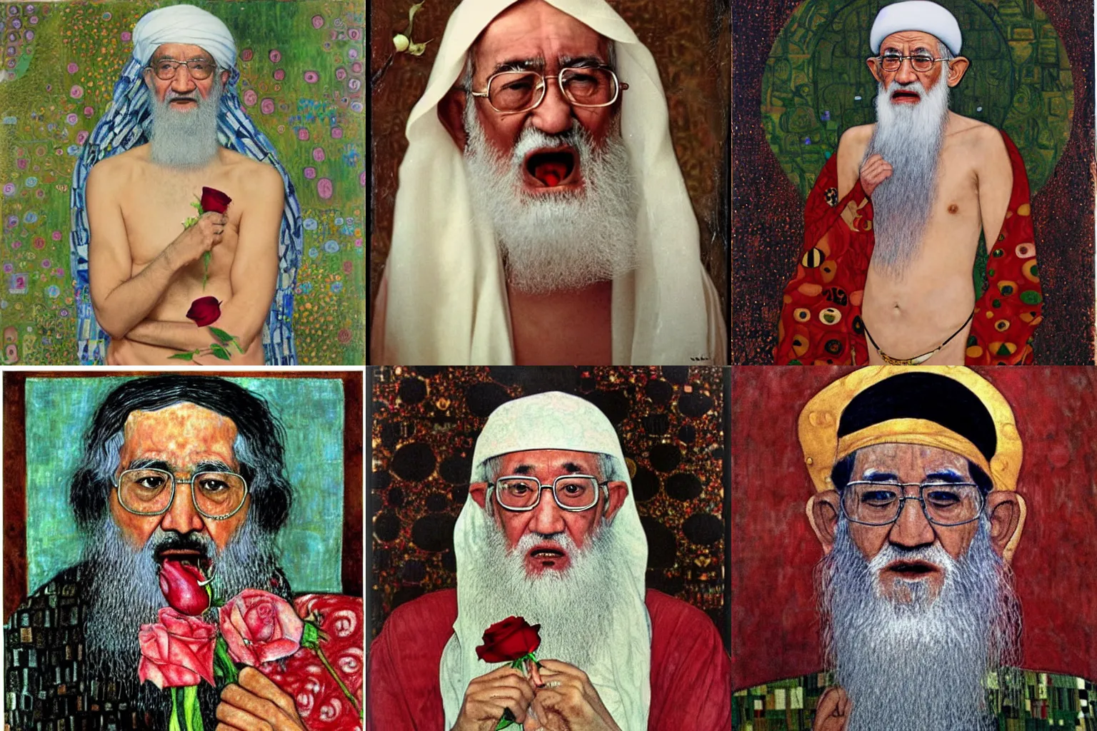 Prompt: al-Zawahiri shirtless with a rose in his mouth in the style of Gustav Klimt