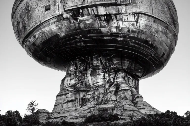 Prompt: alien spaceship in the style of ansel adams, black and white, old, master photography by ansel adams