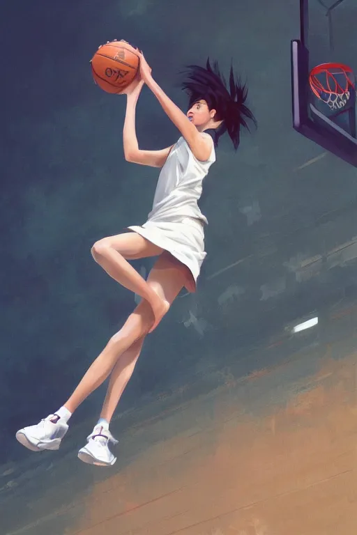 Prompt: A ultradetailed beautiful panting of a stylish girl dunking a basketball, Oil painting, by Ilya Kuvshinov, Greg Rutkowski and Makoto Shinkai