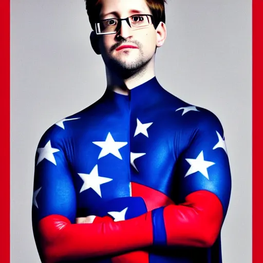 Image similar to UHD candid photo of Edward Snowden dressed as a superhero, wearing red white and blue, accurate face, UHD, photorealistic, correct face, photo by Annie Leibowitz