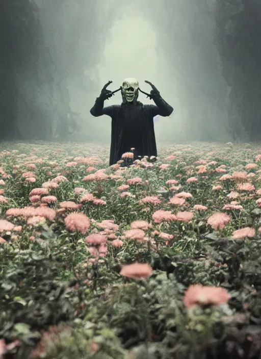 Image similar to skull surrounded by flowers, fog, cinematic shot, denis villeneuve, movie still, wayne barlowe, detailed, very coherent, vintage, fine art, emil melmoth,