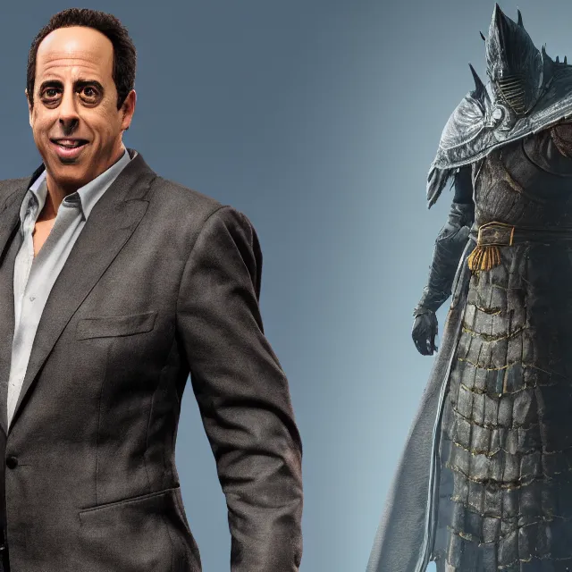 Image similar to jerry seinfeld reimagined as a boss in dark souls, dark cinematic, volumetric, realistic, cinematic lighting, ray tracing, unreal engine 5, unreal engine render, octane render, hyper realistic, photo, 8 k