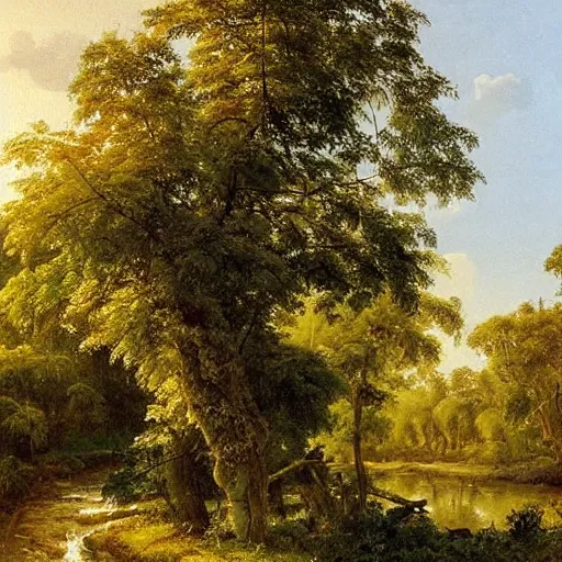 Prompt: tropical fruit trees and white milk river, wide shot, golden hour, landscape painting by ivan shishkin