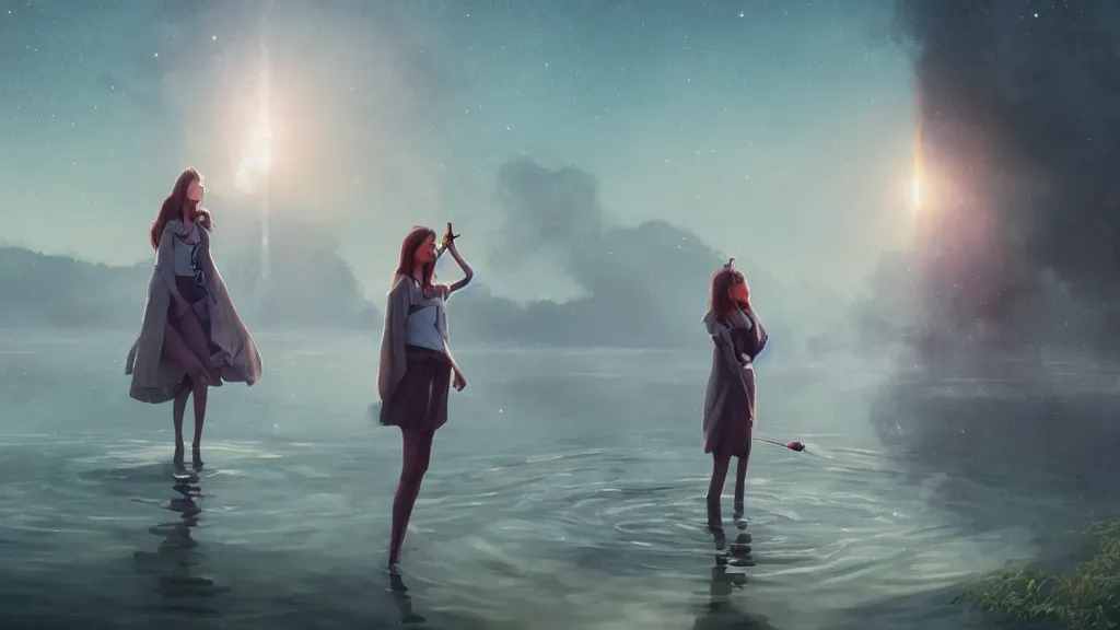 Prompt: whimsical, beautiful playful women, wearing professional makeup, standing in a lake, blowing smoke, under the stars, with a binary black hole with a ring in the sky, by Studio Ghibli, by Greg Rutkowski, by Steve Argyle, face enhance, volumetric lighting, 4k resolution, octane render, trending on artstation