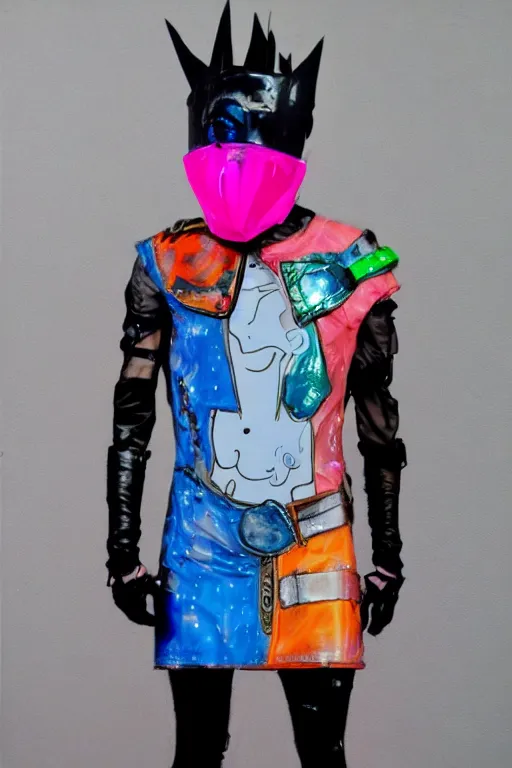 Image similar to a male character wearing a diy! costume dress, punk, with fluo colored details and a transparent mask, full body, muted colors, vivienne westwood, nausicaa, hyper real acrylic painting