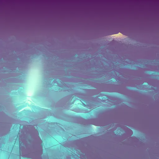 Image similar to 3 d game design of a mountain with a beam of light coming out of the top and a city at the bottom of it, there is lots of random shapes in the night sky, 3 d game design