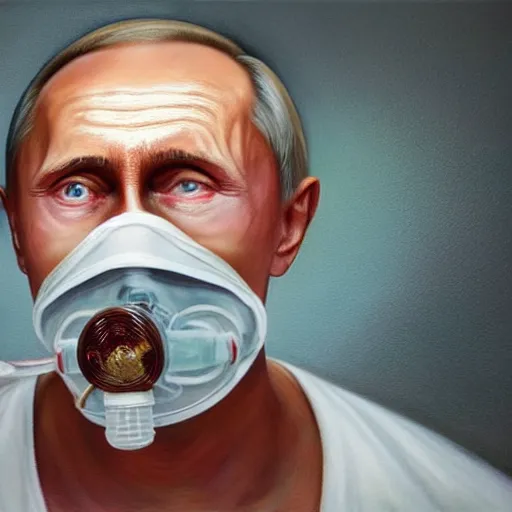 Prompt: hyperrealistic painting of very ill Vladimir Putin wearing an oxygen mask on a death bed inhaling white clubs of smoke from Copium tank that emits smoke, dimly lit hospital room, stunning 3d render inspired art by Tim Okamura and Lise Deharme + perfect facial symmetry + dim volumetric lighting, 8k octane beautifully detailed render, post-processing, extremely hyperdetailed, intricate, epic composition, grim yet sparkling atmosphere, cinematic lighting + masterpiece, trending on artstation, very very detailed, masterpiece, stunning