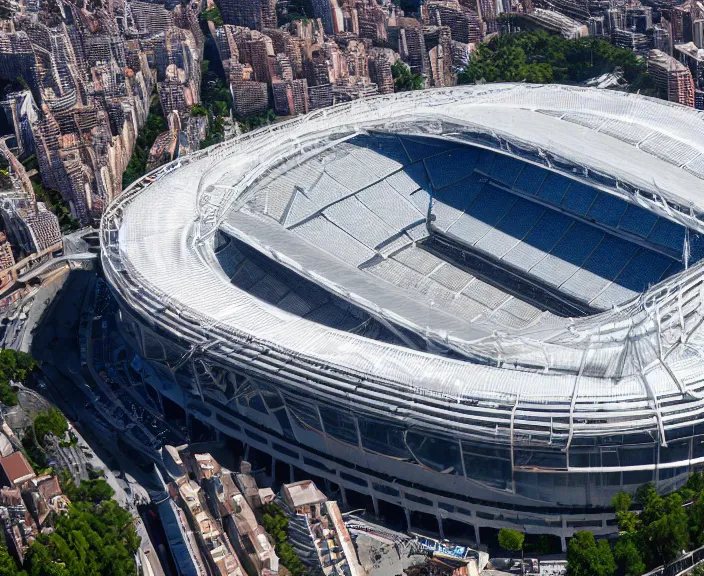 Prompt: 4 k hd, high detail photograph of the santiago bernabeu stadium from above, shot with sigma f / 4. 2, 2 5 0 mm sharp lens, wide shot, consistent, isometric view, volumetric lighting, high level texture render