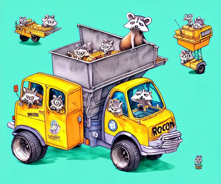 Prompt: cute and funny, racoon riding in a tiny garbage truck, ratfink style by ed roth, centered award winning watercolor pen illustration, isometric illustration by chihiro iwasaki, edited by range murata, tiny details by artgerm and watercolor girl, symmetrically isometrically centered, sharply focused