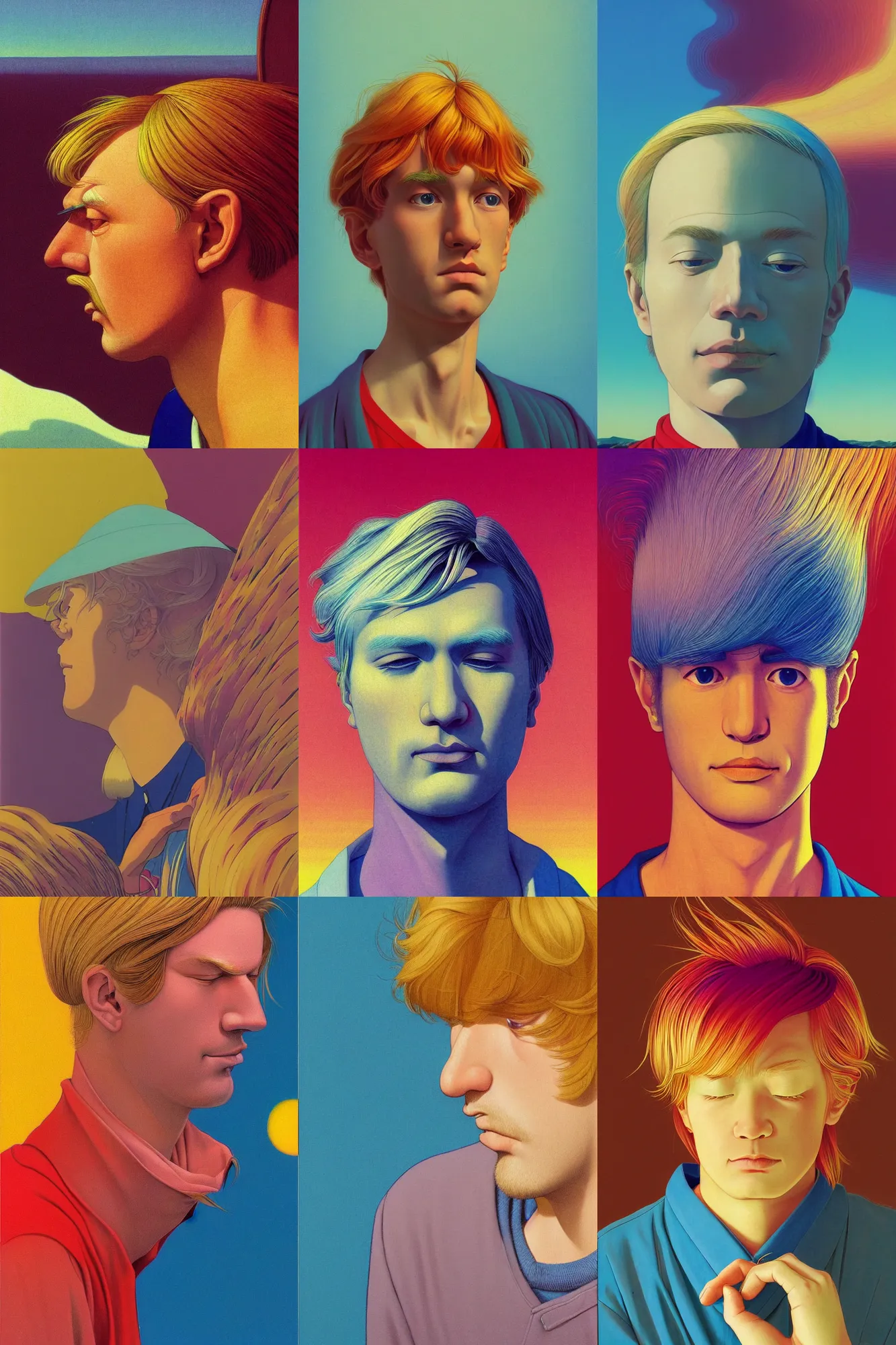 Prompt: a colorful vibrant closeup portrait of a simple european man with blonde hair with a calm aesthetic face and dreaming psychedelic hair, by kawase hasui, moebius, edward hopper and james gilleard, zdzislaw beksinski, steven outram colorful flat surreal design, hd, 8 k, artstation