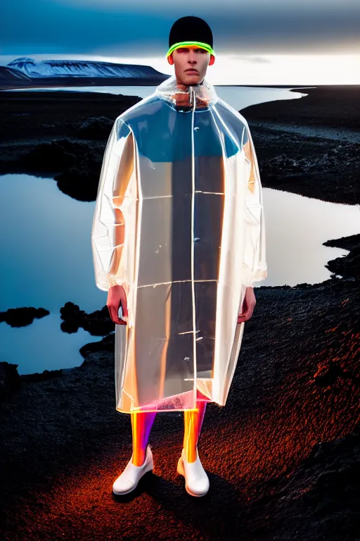 Image similar to an ultra high definition professional high fashion portrait studio full length photograph of a male model wearing a transparent pearlescent raincoat and neon visor in an icelandic black rock environment at dawn. no artefacts. extremely detailed. stark. refraction. shallow depth of field. volumetric light and shadow. ray tracing. light rays.