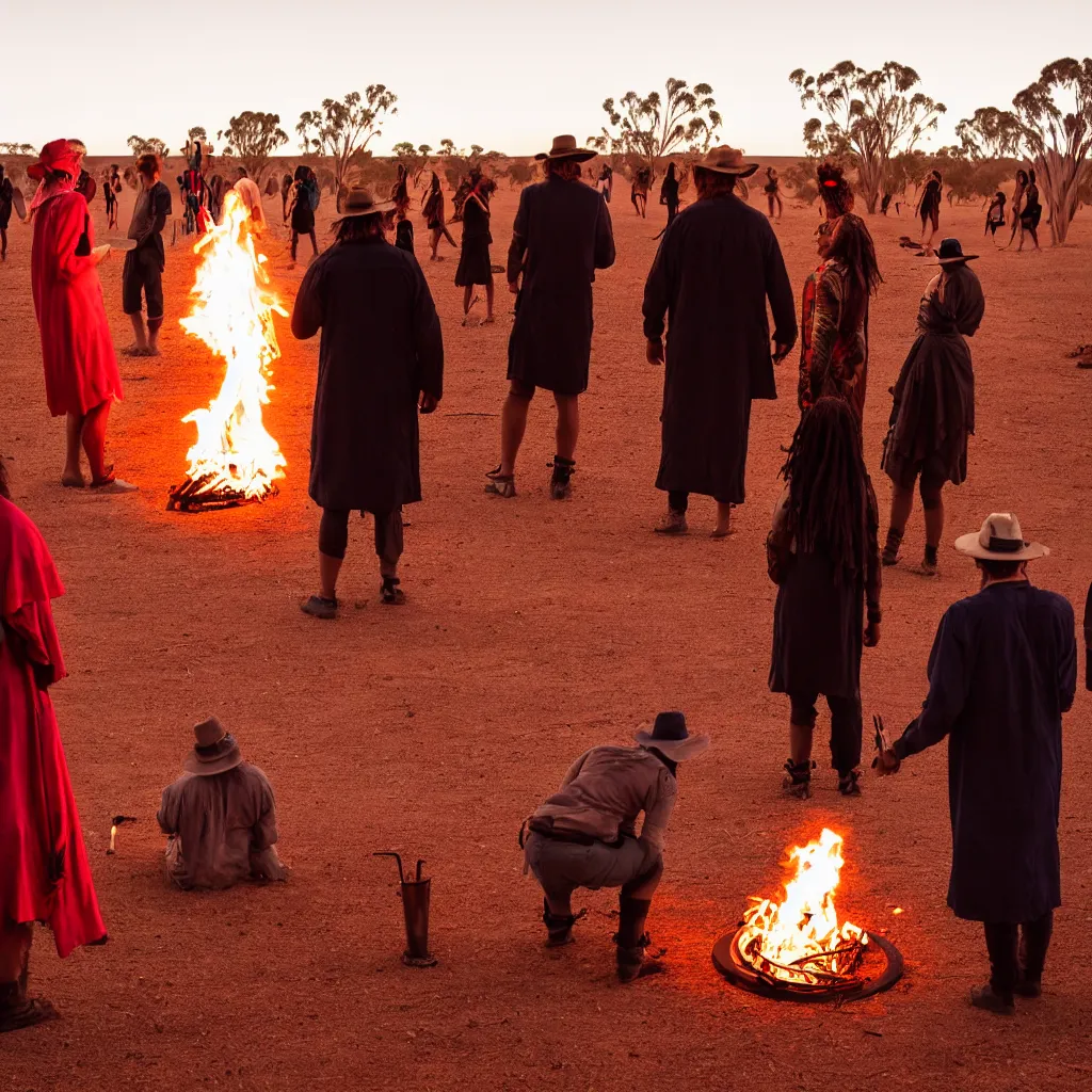 Prompt: atmospheric photograph of three ravers, two men, one woman, woman is in a trenchcoat, blessing the soil at night, seen from behind, people facing fire circle, two aboriginal elders, dancefloor kismet, diverse costumes, clean composition, desert transition area, bonfire, atmospheric night, australian desert, symmetry, sony a 7 r
