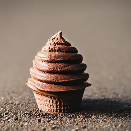 Image similar to detailed, textured, color photograph of a levitating chocolate ice cream cone with huge, hairy spider legs. dramatic light.