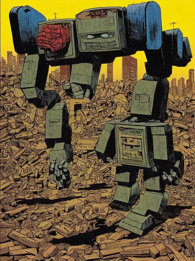Prompt: an individual Giant wooden robot walking down the street, a crushed car is under the robot’s foot by Richard Corben