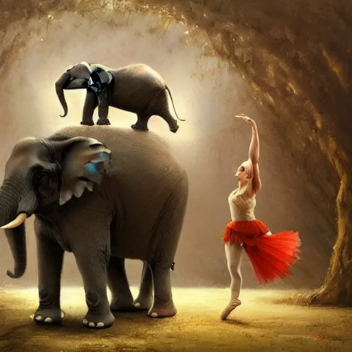 Image similar to an elephant is wearing a tutu next to a ballet dancer, greg rutkowski