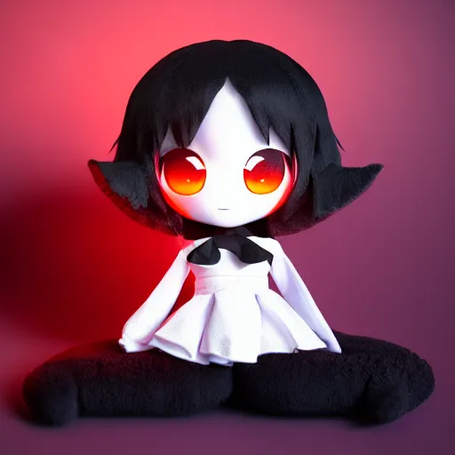 Image similar to cute fumo plush of a pure vantablack girl with a white glowing heart, lens flare, gothic regal, vray, sparks and liquid fire