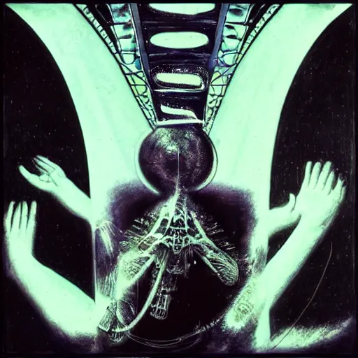 Prompt: post - punk new age album cover, magic, apocalypse, psychonaut, psychedelic, black white pink, magic, giger h. r.