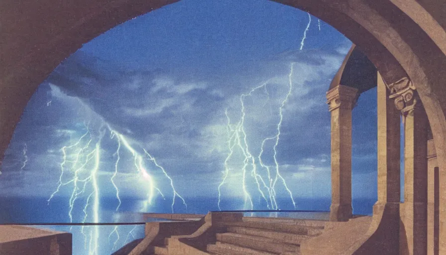 Image similar to A 1985 vintage magazine architecture photo of stairs, mediterranean architecture, refracted lines and sparkles, thunderstorm outside, beach on the background major arcana sky and occult symbols, hyperrealistic, award-winning, 1985