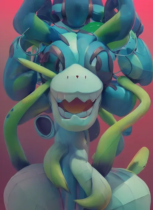 Image similar to colourful caricature - 3 d vfx art - of a pokemon, art style by james jean & hsiao - ron cheng, character concept art, unreal engine render, digital illustration, sharp, intricate detail, volumetric light, ray tracing, soft light, symmetric, pinterest, artstation, behance,