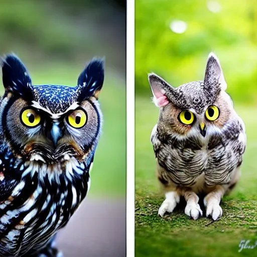 Prompt: a owl - cat - hybrid, animal photography