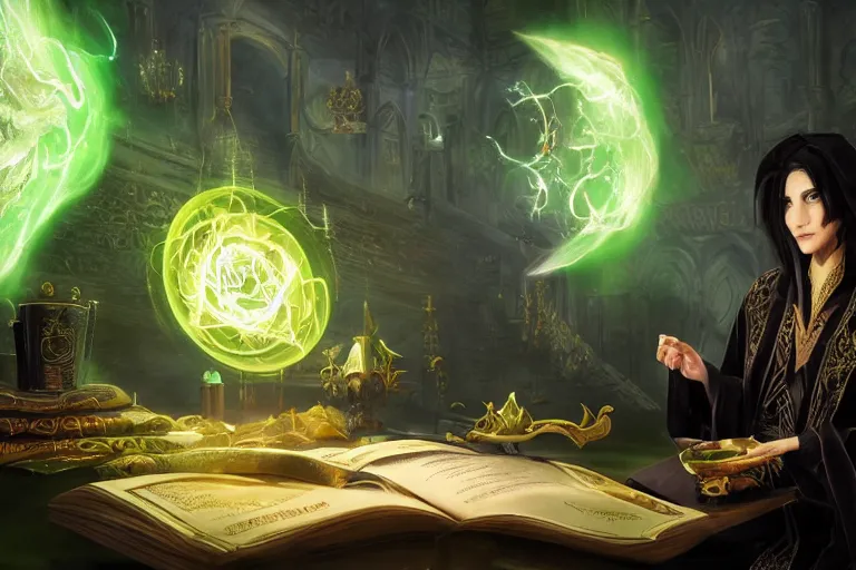 Prompt: a black - haired warlock wearing a black robe with golden embroidery, sitting at a table with grimoires, casting a spell, green glows, painted by tyler edlin, in the style of magic the gathering, dramatic lighting, highly detailed digital art