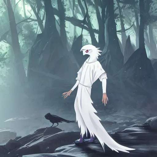 Prompt: concept art painting of an anthropomorphic anime style white raven wearing dark blue robes, in the deep forest, realistic, detailed, cel shaded, in the style of makoto shinkai and greg rutkowski and james gurney